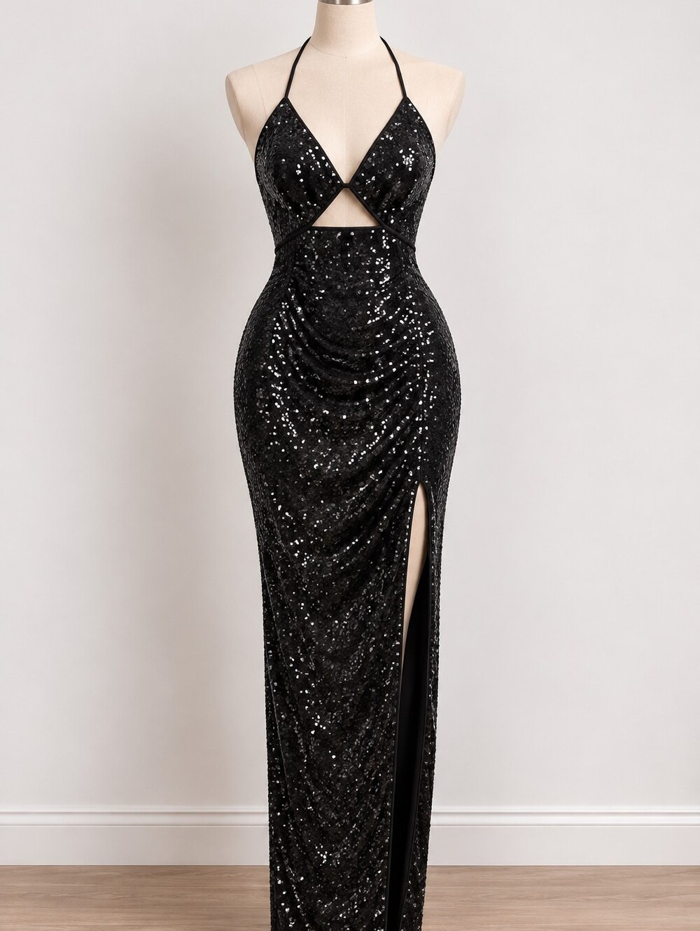 Black Sequin Halter Evening Dress - Elegant Party Maxi - Size S